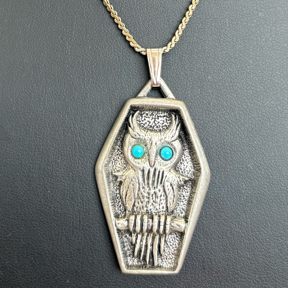J. Ritter Signed Pewter Owl Necklace Turquoise Eyes Silver tone  VINTAGE